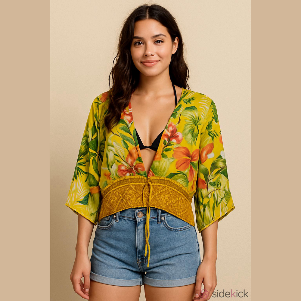 Timing Yellow Floral Wrap Blouse NEW